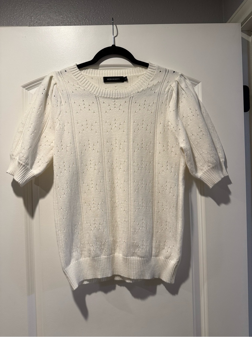 Merokeety White Short Sleeve Knit Sweater